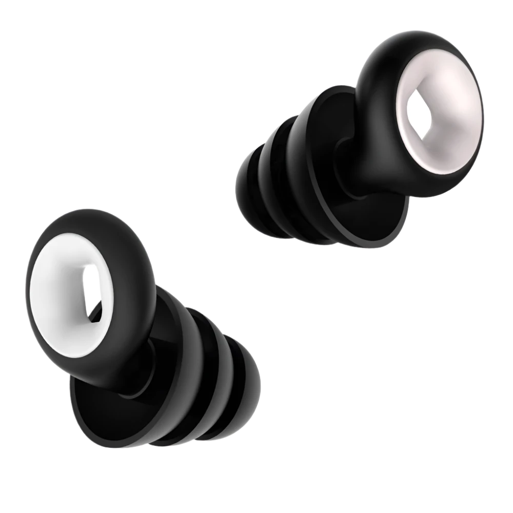 Black deep premium earplugs with white interiors on a white background