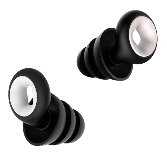 Black deep premium earplugs with white interiors on a white background
