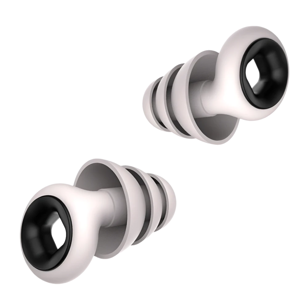White deep premium earplugs with black interiors on a white background