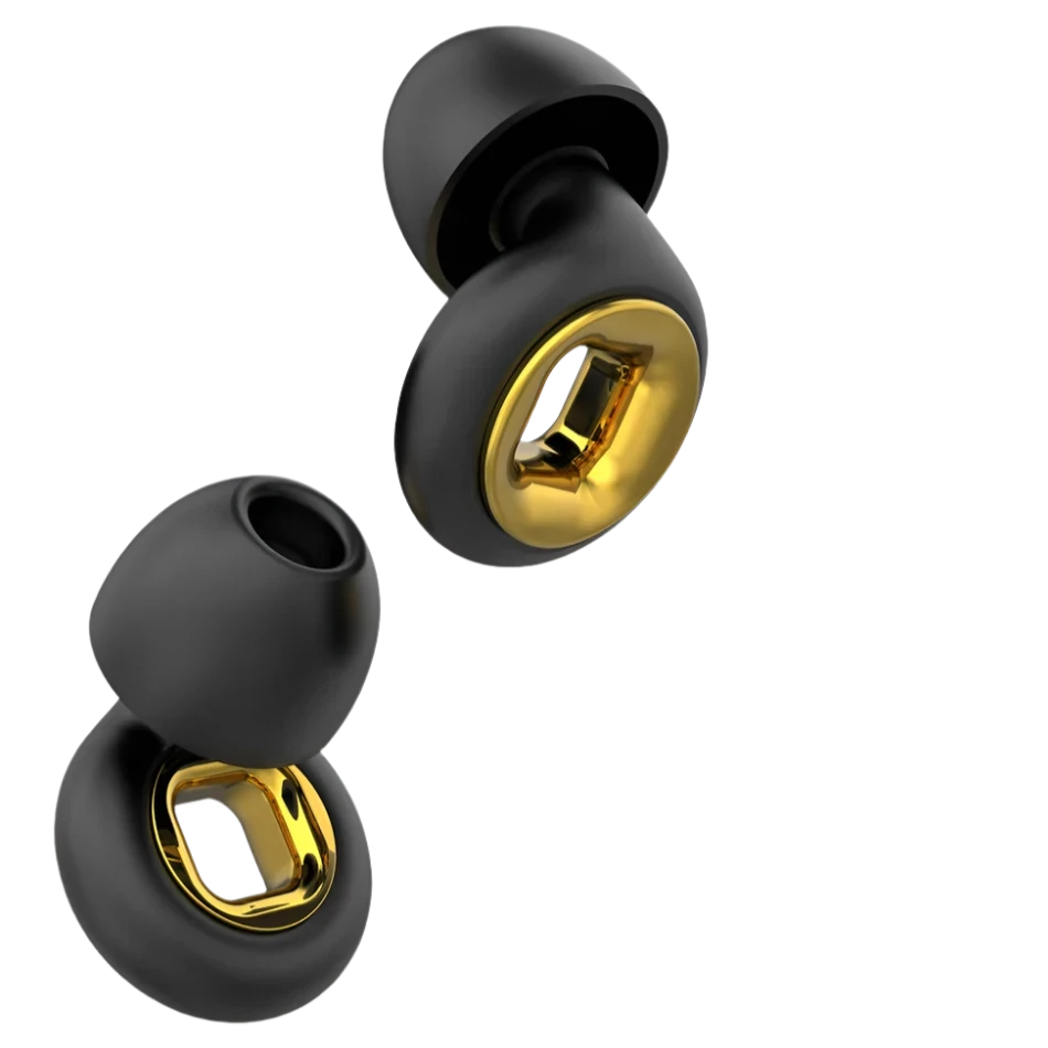 Black premium earplugs with metallic gold centres luxury