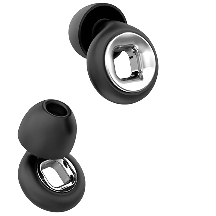 Black premium earplugs with metallic silver centres luxury