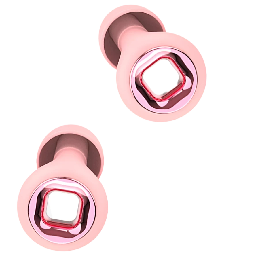 Pink premium earplugs with metallic rose gold centres luxury