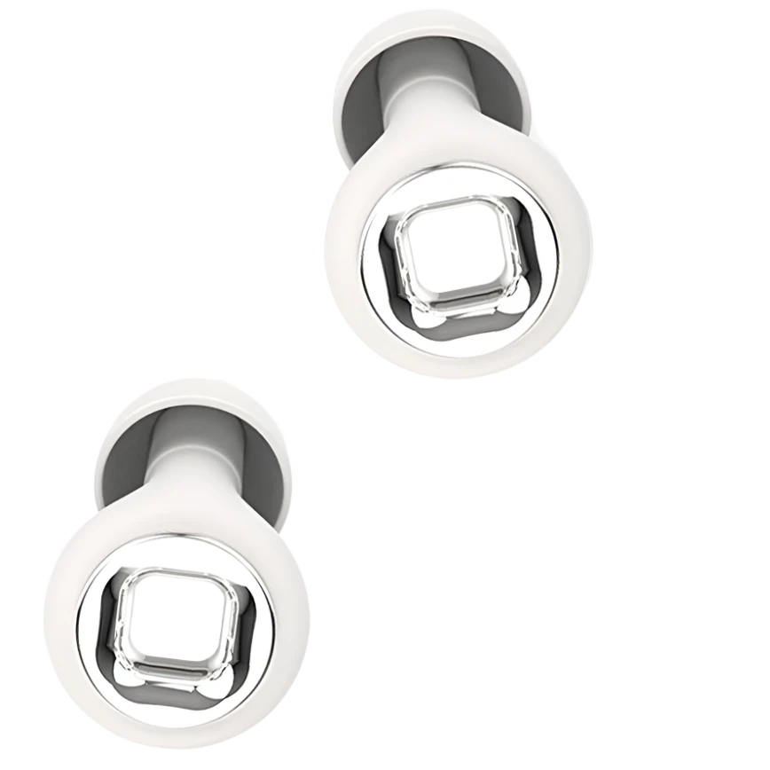 White premium earplugs with metallic silver centres luxury