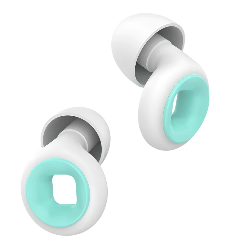 White premium earplugs with cyan centre accents silicone