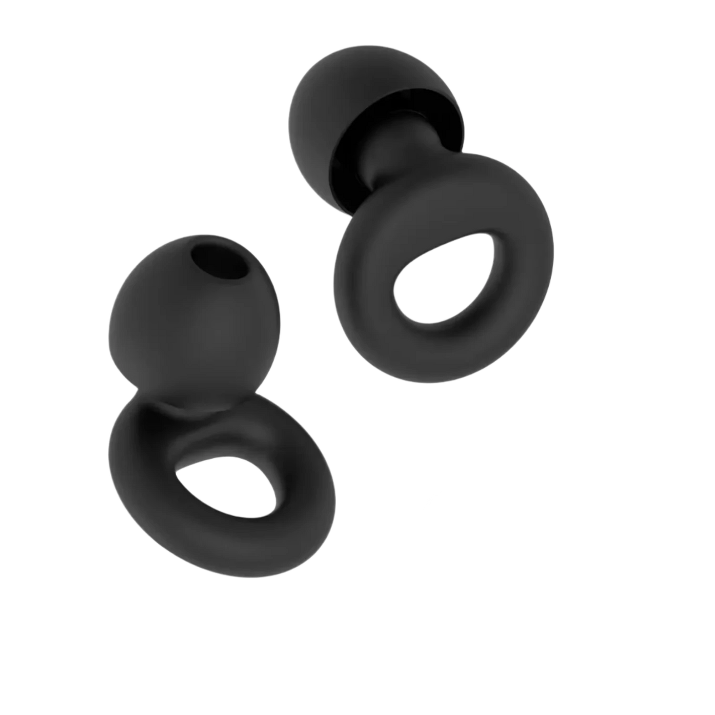 Pair of black premium silicone earplugs with looped ring for ear comfort