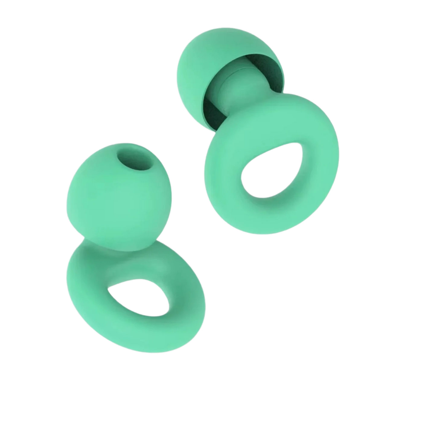 Pair of green premium silicone earplugs with looped ring for ear comfort