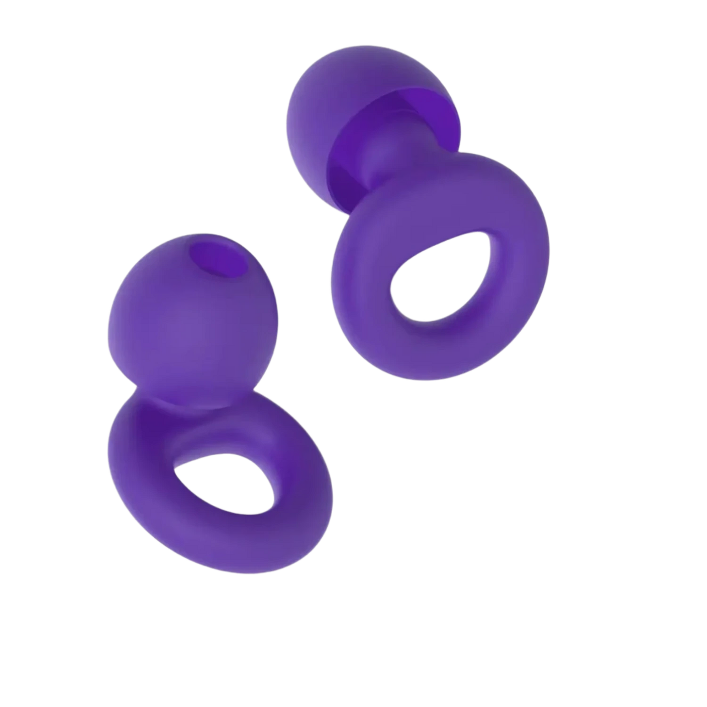 Pair of purple premium silicone earplugs with looped ring for ear comfort
