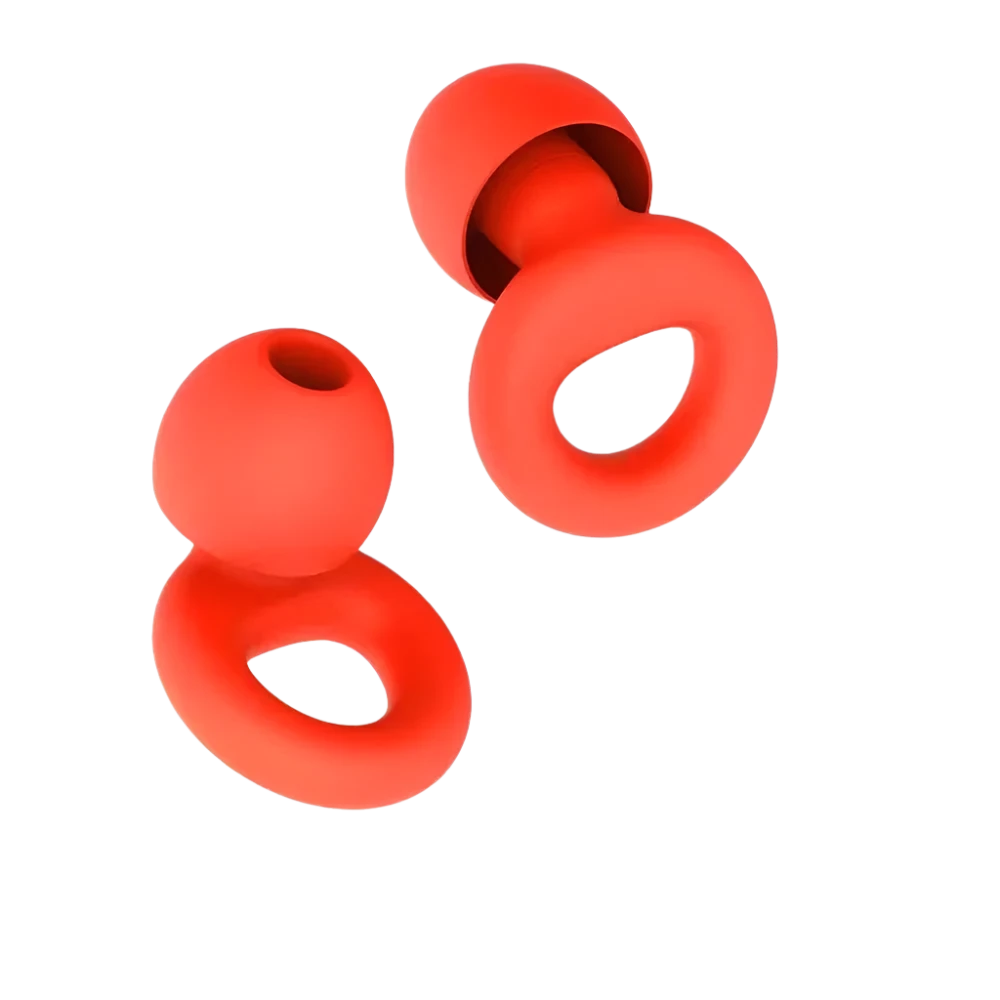 Pair of red premium silicone earplugs with looped ring for ear comfort
