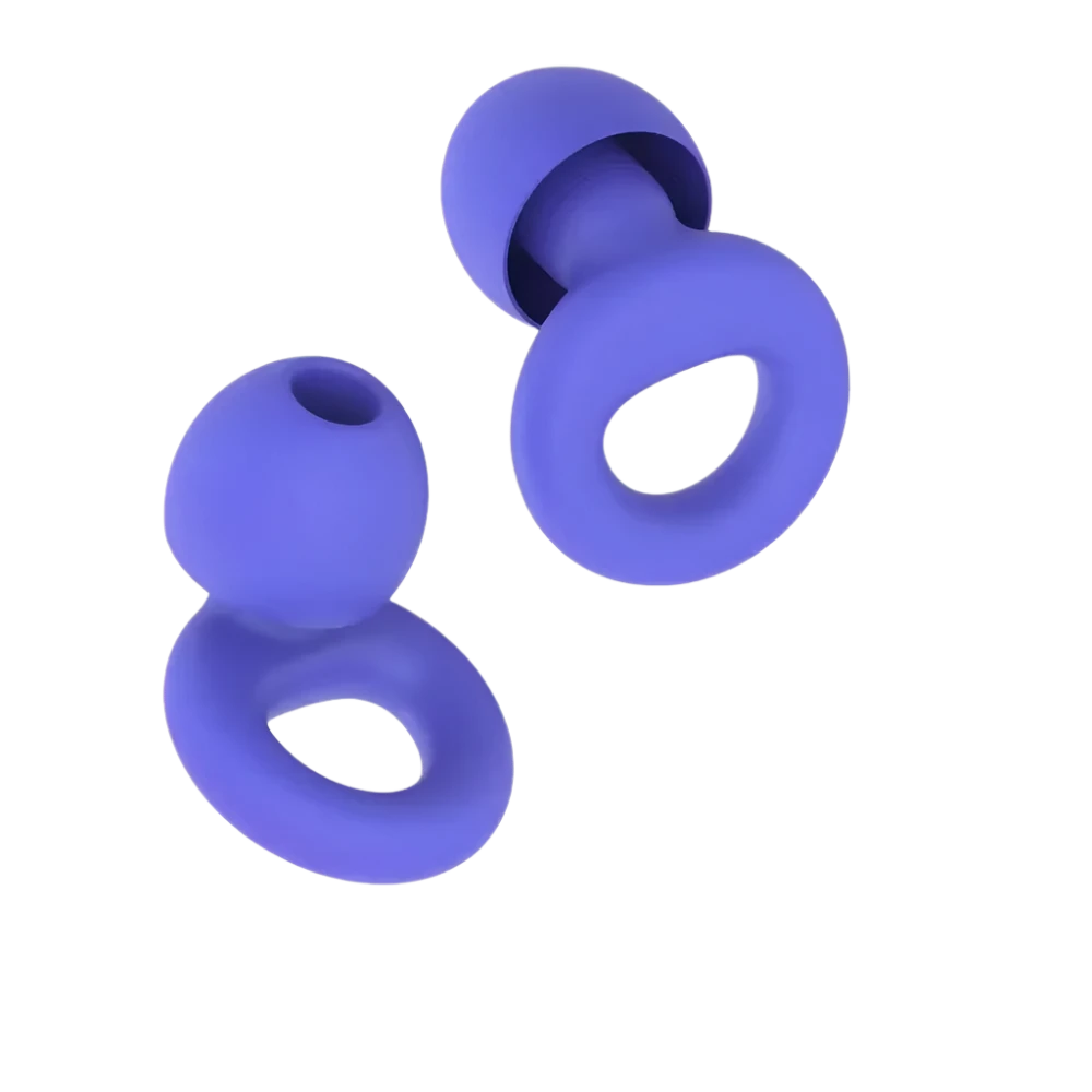 Pair of royal blue premium silicone earplugs with looped ring for ear comfort