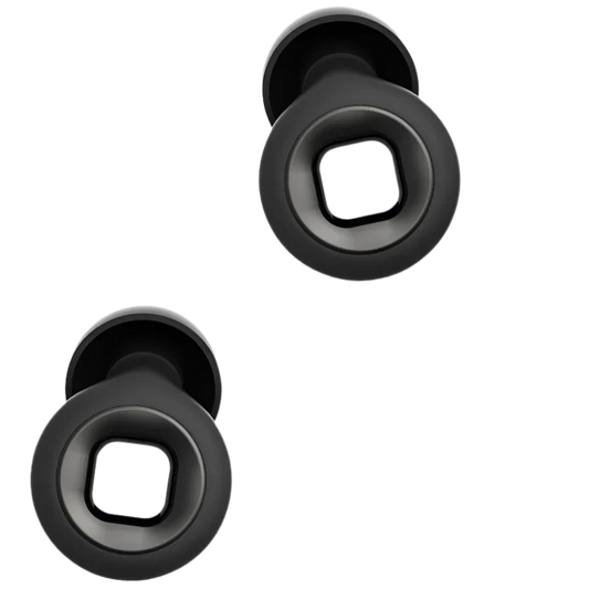 Pair of Black premium silicone earplugs with matt black accents for noise reduction