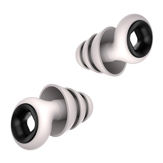 White deep premium earplugs with black interiors on a white background
