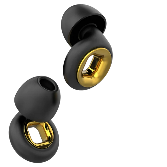 Black premium earplugs with metallic gold centres luxury