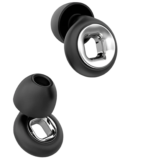 Black premium earplugs with metallic silver centres luxury