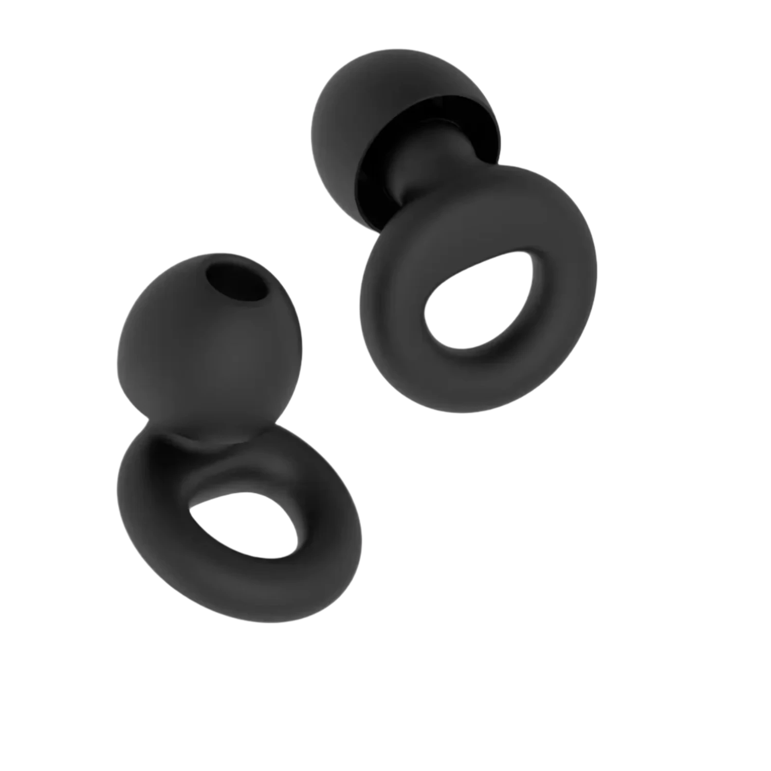 Pair of black premium silicone earplugs with looped ring for ear comfort