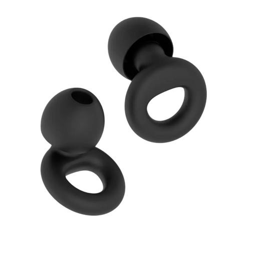 Pair of black premium silicone earplugs with looped ring for ear comfort