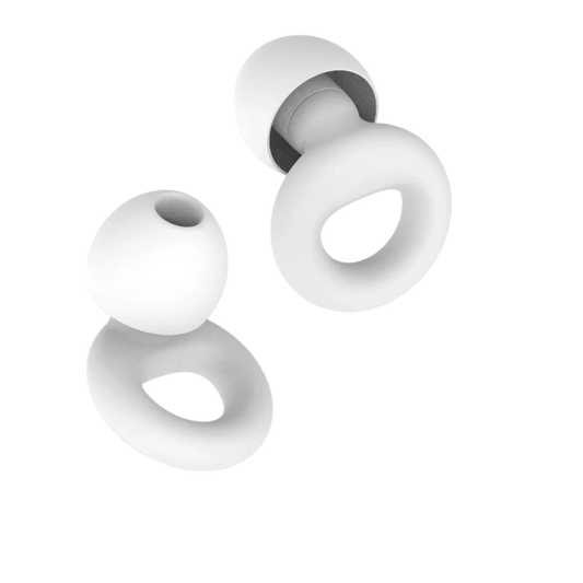 Pair of white premium silicone earplugs with looped ring for ear comfort